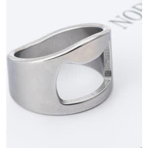 A drink bottle opener ring made of polished titanium steel, featuring a sleek, minimalist design.