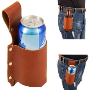 A drink bottle holder made of brown PU leather, designed to attach to a belt, featuring a can and a bottle.