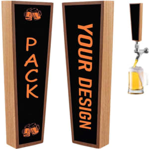 Wooden chalkboard beer tap handles in natural wood and black, featuring placeholders for custom designs and text.