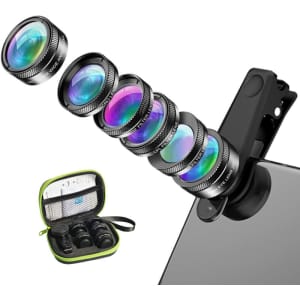 A set of cell phone clip-on lenses in black, featuring various lens types and a compact carrying case.
