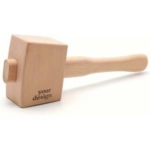 A wooden ice mallet with a square head and a long handle, featuring a logo on the side.