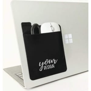 A black pocket holder attached to a laptop, featuring a mouse, cable, and a slot for a portable external hard drive.