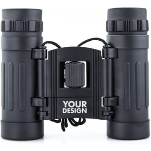 A pair of black binoculars with a central clasp and a space for custom branding.
