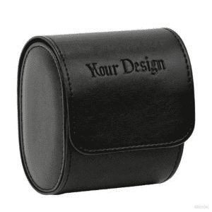 A single portable black leather watch case with a rounded design and a logo on the front.