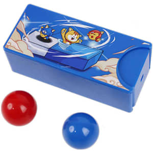 A blue magic box featuring playful characters, with red and blue balls included. It has a logo on one side.
