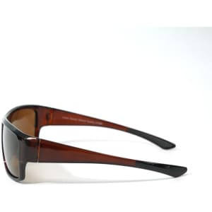 Anti-glare plastic sport sunglasses in brown and black with a sleek design and a logo on the side.