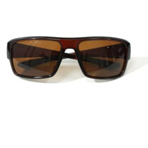 Brown anti-glare plastic sport sunglasses with a sleek design and dark lenses, featuring a logo on the frame.
