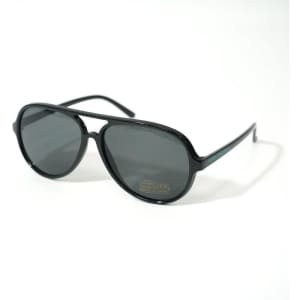 Oversized black aviator sunglasses with grey lenses and a branding logo on the side.