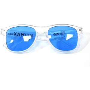 Polarized transparent sunglasses with a clear frame and blue lenses, featuring a logo on the inner arm.