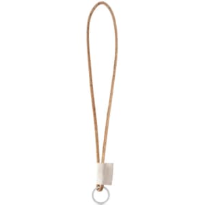 A natural cork lanyard in tan, featuring a loop and a metal ring attachment.