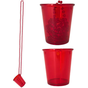 A red shot glass accompanied by a red bead necklace, featuring a transparent design showcasing its contents.