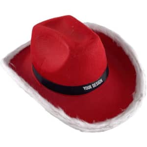 A red cowboy hat with white fur trim and a black band for personalisation. It features a logo on the band.