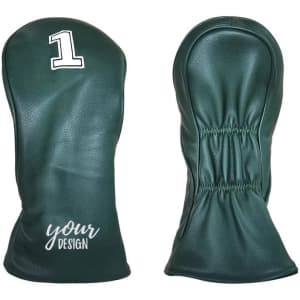 A green golf club head cover with a fitted design and a prominent number "1." It features a blank space for customisation.