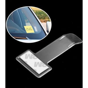 A parking ticket holder in transparent plastic, featuring a card slot, designed for displaying notices on vehicles.