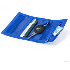 A blue trifold coin purse with a keychain, featuring card slots and a zippered compartment.