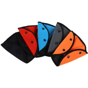 A set of car seat belt adjusters in varying colours: black, red, blue, grey, and orange, featuring snap buttons.
