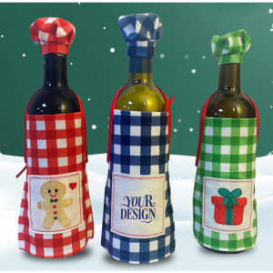 A drink bottle dressed in a red gingham apron, with green and navy options beside it, featuring various designs.