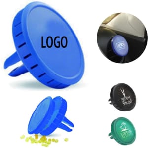 A blue clip-on car vent air freshener with a logo, accompanied by black and green variants and yellow freshening beads.