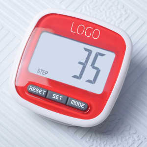 A red and white custom pedometer featuring a digital display and buttons for resetting, setting, and mode.