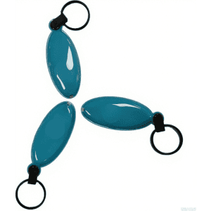 Three customizable LED plastic keychains in a shiny teal colour, featuring black keyring attachments.