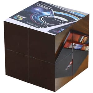 A fold-out magic cube in black, featuring various colourful graphic designs on its faces.