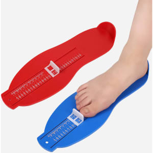 A foot measuring device featuring red and blue plastic tools designed for measuring foot size.