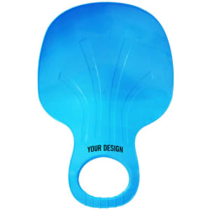 A blue plastic snow sled featuring a handle and a space for custom designs.