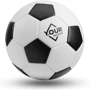 A custom soccer ball featuring a classic black and white design with a logo on its surface.