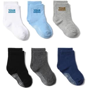A set of promotional non-slip baby socks in white, blue, grey, black, dark grey, and navy, featuring a logo.