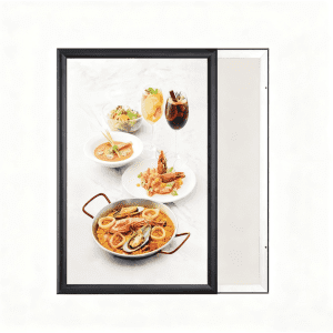 A black front loading aluminum snap poster frame with a seafood dish and drinks displayed inside.