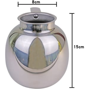 A drink bottle in a sleek, polished stainless steel finish, featuring a handle and measuring 15cm in height and 8cm in diameter.