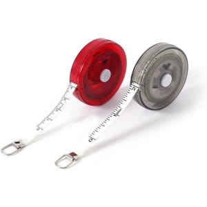 Translucent plastic round tape measures in red and grey, featuring white measuring tape and a metal clip.