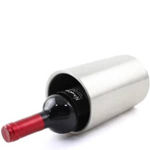 A stainless steel wine cooler in silver, containing a bottle of red wine with a red foil cap. The product features a logo.