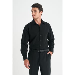 A black long sleeve button-up shirt for men, featuring a classic collar and a fitted silhouette, with a branded logo.