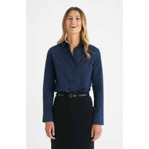 A ladies long sleeve button-up shirt in navy, featuring a collar and a sleek fit, complemented by a belt.