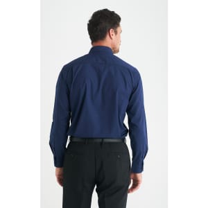 A men's long sleeve button-up shirt in navy blue, featuring a back view and plain design. It includes a logo.