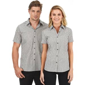 A short sleeve button-up shirt in a black and white checked pattern, featuring a logo.