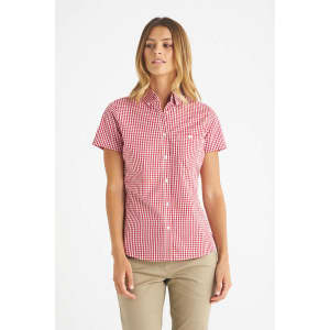 A red and white checked ladies' short sleeve button-up shirt, featuring a logo.