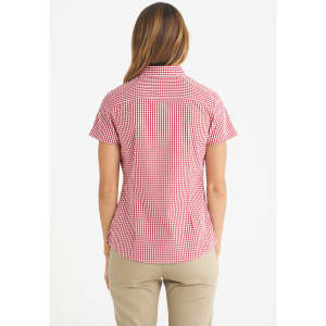 A short sleeve ladies shirt in a red and white gingham pattern, featuring a fitted design and a collar.