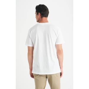 A men's T-shirt in white, shown from the back, featuring a simple design and short sleeves.
