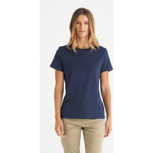 A navy blue ladies' t-shirt with a classic fit, displayed on a model. The shirt has short sleeves and a round neck.