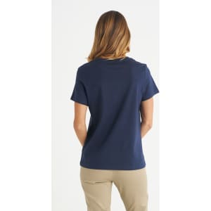 A navy blue ladies t-shirt seen from the back, featuring short sleeves and a casual fit.