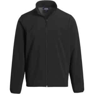 A black soft shell jacket with a zip front and high collar, featuring a logo on the chest.
