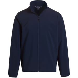 A soft shell jacket in navy blue with a zip front and a stand-up collar. Features a logo on the chest.