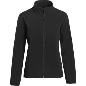 A soft shell jacket in black, featuring a zip front and a high collar. It includes a logo on the front.