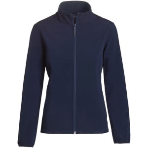 A navy soft shell jacket for ladies with a zip-up front and a collar. It features long sleeves and a branded logo.