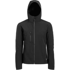 A black soft shell jacket with a hood, featuring a zippered chest pocket and a sleek design. It has a branding logo.