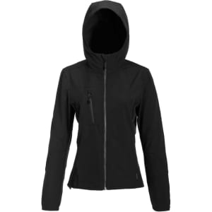 A black soft shell jacket for ladies with a hood and a zippered pocket. Features a logo on the fabric.