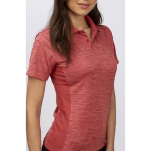 A red ladies' polo shirt featuring a textured design and a collar. It has a fitted silhouette and includes a branding logo.