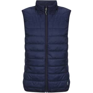 A navy puffer vest for ladies, featuring a zip front and a high collar, with a logo on the side.
